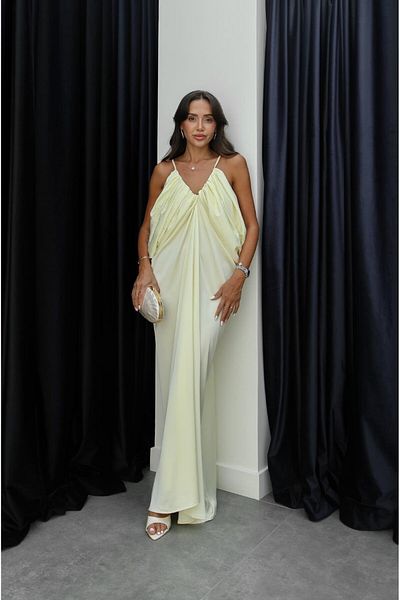 Havoş Light Yellow Satin Surface Volume Dress