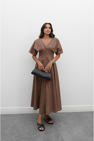 Havoş Brown Wong V-Neck Linen Dress