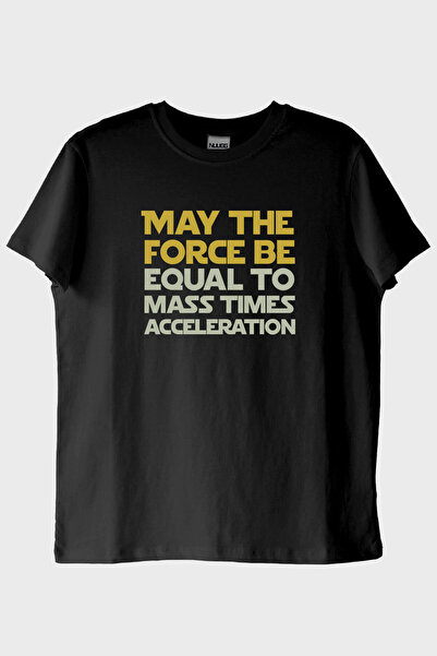 NUUGG تي شيرت أسود مطبوع عليه قانون نيوتن الثاني من MAY THE FORCE BE
