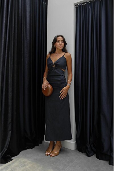 Havoş Navy Blue Ring Detailed Strap Denim Dress