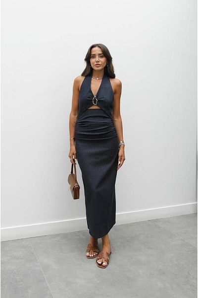 Havoş Navy Blue Window Detailed Denim Dress