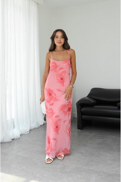 Havoş Pink Thin Strap Floral Dress