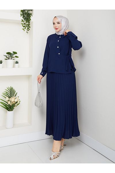 Monchoix Women's Side Tie Plus Size Pleated Skirt Double Suit