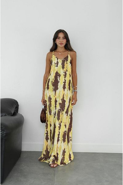 Havoş Yellow Tie-Dye Patterned Satin Dress