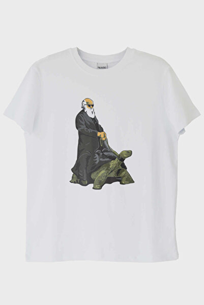 NUUGG تي شيرت أبيض علمي مطبوع عليه سلحفاة دارفين