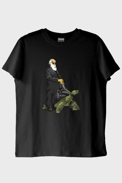 NUUGG تي شيرت أسود علمي مطبوع عليه سلحفاة دارفين