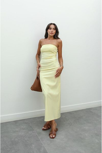 Havoş Light Yellow Staple Dress with Drape Detail on the Side