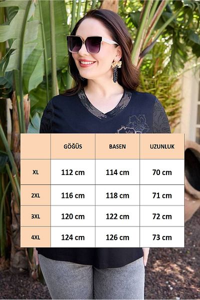FOR ESRA BIG TREND Women's Stone Flower Print Three Quarter Sleeve Patterned Tulle Side Slit Stretchy Viscose V Neck Blouse