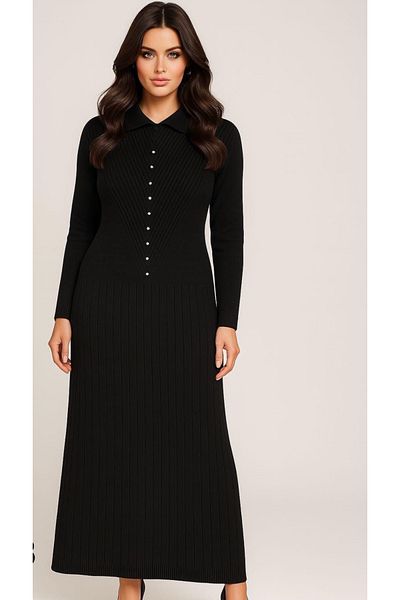 semela New Season Stone Detail Pleated Knit Dress