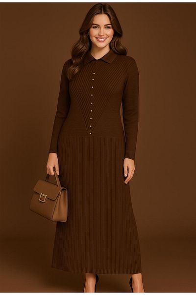 semela New Season Stone Detail Pleated Knit Dress