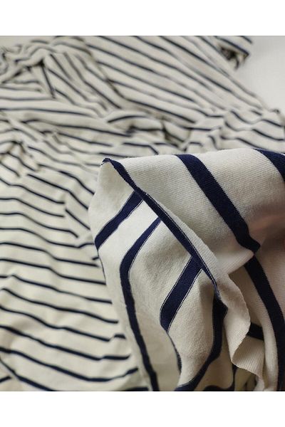 Kumaş Parça Cream Navy Blue Transverse Striped Single Jersey Combed Cotton (Width 160 cm X Length 265 cm)