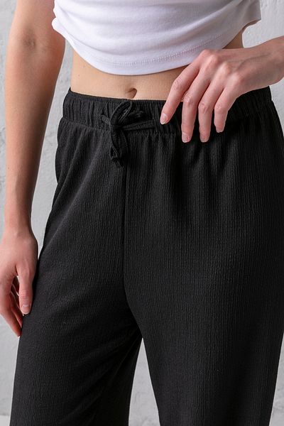 CNRCollection Women's Black Elastic Waist Tied Stretchy Wide Leg Double Pocket Palazzo Wrap Women's Trousers