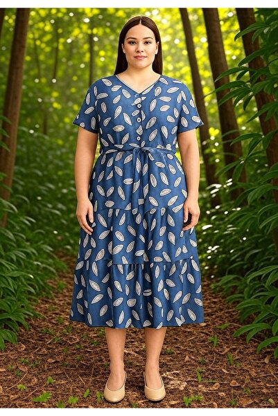 FOR ESRA BIG TREND Women's Leaf Pattern V-Neck Half Button Waist Tie-Up Belt Flounced Midi Length Short Sleevewoven Dress