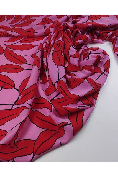 Kumaş Parça Red Patterned Viscose Voile on Pink (Width 140 cm X Length 310 cm)