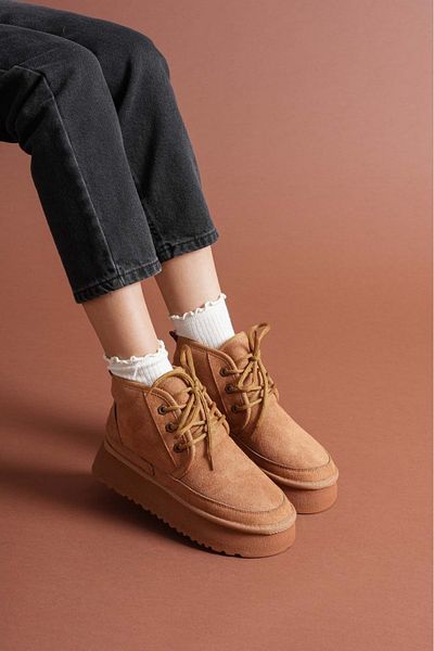 Esilapark Heribo Women's Tan Inner Wool Thick-Soled Lace-Up Luxury Suede Boots