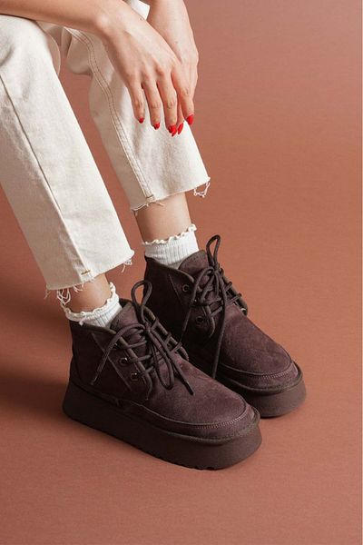 Esilapark Heribo Bitter Coffee Women's Woolen Thick-Soled Lace-Up Luxury Suede Boots