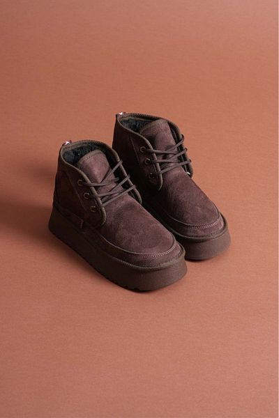 Esilapark Heribo Bitter Coffee Women's Woolen Thick-Soled Lace-Up Luxury Suede Boots