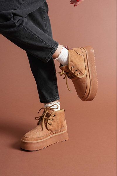 Esilapark Heribo Women's Tan Inner Wool Thick-Soled Lace-Up Luxury Suede Boots