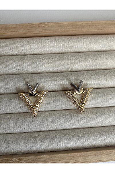 Pinery Jewels VIP SERİ - Zirkon Taşlı V Altın Kaplama Küpe Çifti