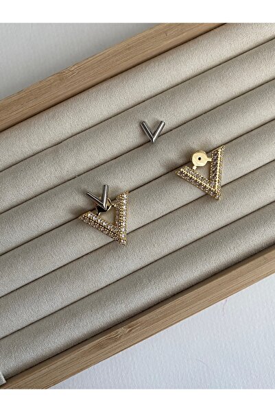 Pinery Jewels VIP SERİ - Zirkon Taşlı V Altın Kaplama Küpe Çifti