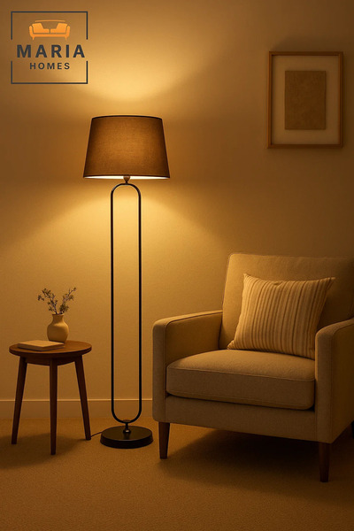 MARIA HOMES Modern Black Floor Lamp with Oval Frame and Fabric Shade