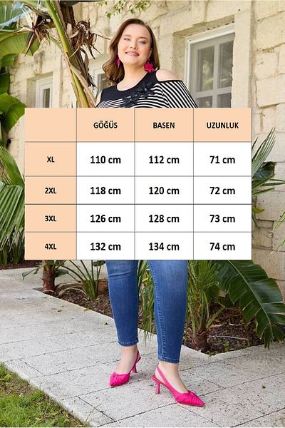 FOR ESRA BIG TREND Bluză de damă, mărime mare, cu dungi, cu aplicație florală, cu detaliu pe umăr, cu mâneci trei sferturi, bluză elastică din viscoză