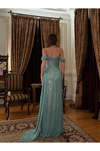 zoezoe Düşük Kol Pul Payet Abiye Elbise