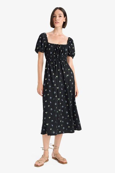 DeFacto Square Neck Floral Bürümcük Short Sleeve Midi Dress F8554Ax25Au