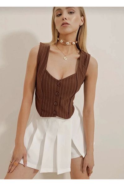 ufukmoda سترة كريب مخططة بأزرار باللون البني S3395