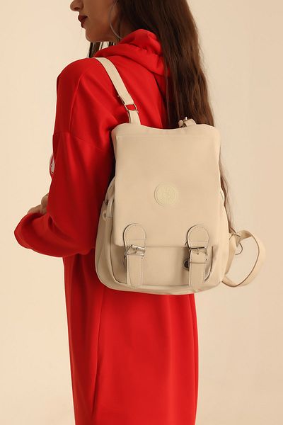 MILANOFOX Double Compartment Covered Crinkle Fabric Women's Backpack and Shoulder Bag Cream