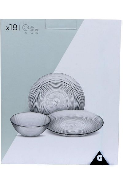 Zinnia , Glass Dinner Set 18pcs, (6 Main Plate, 6 Soup Plate, 6 Dessert Plate), Transparent Glass wit