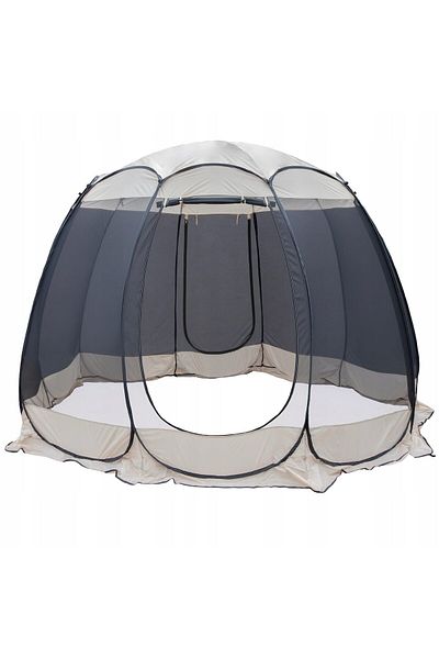Mercaton Pavilion tip cort pentru gradina, cadru otel, plasa poliester, bej si gri, 3.60&#215;3.60&#215;2.35