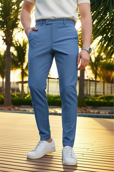 hello7 Ice Blue Textured Slim Fit Smart Trousers