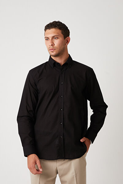 wodelli قميص رجالي أسود من الكتان – قطن 100%، كم طويل، قصة عادية، ياقة واقفة