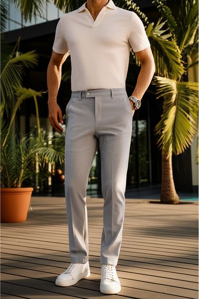hello7 Light Gray Textured Slim Fit Smart Casual Trousers
