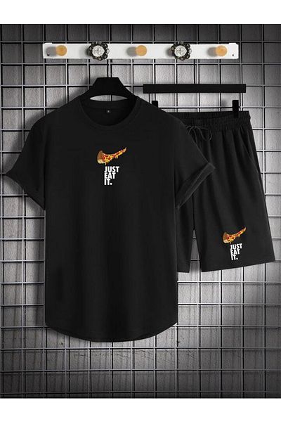 DEEPSENCE Set de 2 tricouri și pantaloni scurți pentru bărbați, negru, din bumbac pieptănat, imprimare justeat