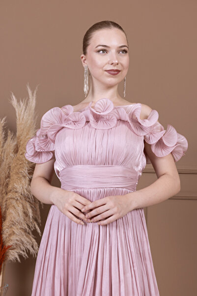 BEYBOS Şifon Kumaş Volan Detaylı Midi Elbise - PUDRA