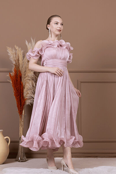 BEYBOS Şifon Kumaş Volan Detaylı Midi Elbise - PUDRA