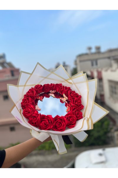 PARSÇİÇEK Aynalı Gül Buketi Aynali Buket Yapay Solmayan Gül Kırmızı Gül Ve Ke...