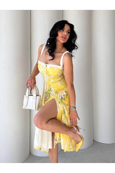Bak'ap Premium Trend Floral Patterned Princess Slit Maxi Dress