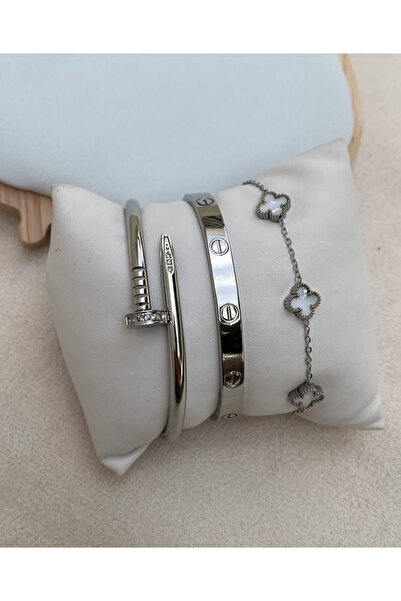 ANGELSS JEWELLERY Triple Combination Clover Model White Silver Bracelet Nail ...