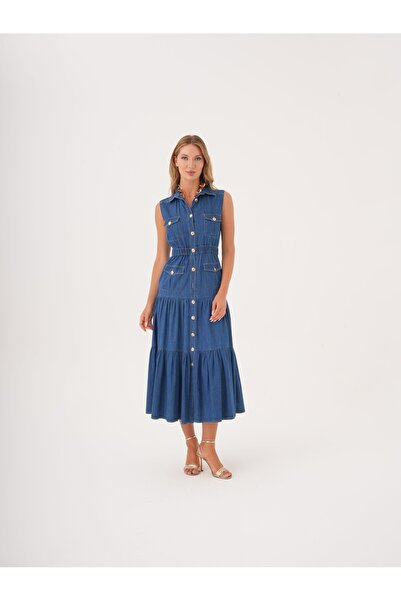 SERPİL Düğmeli Kolsuz Kuşak Detaylı Katlı Denim Elbise