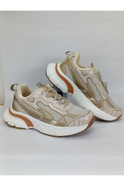 Ayakkabı Durağı Women's Lightweight Comfortable Patterned Sports Shoes Beige Gold