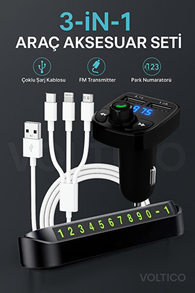 Voltico 3’ü 1 Arada Araç Aksesuar Seti – Çakmaklık + Çoklu Şarj Kablosu + Numaratör