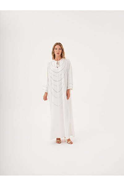 SERPİL Taş Detaylı Yırtmaçlı Salaş Kaftan Elbise