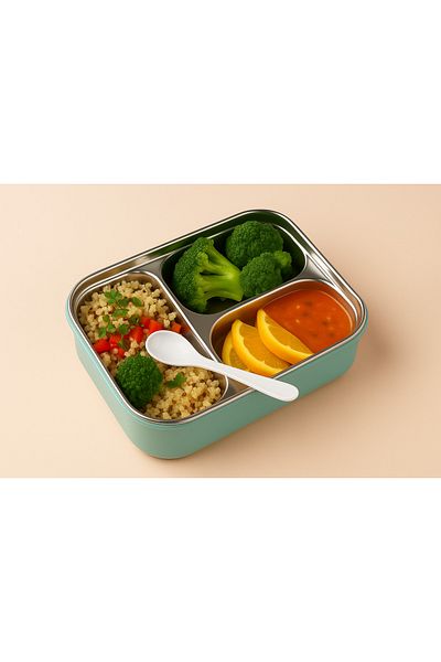 Relaxion Three-Compartment, Stainless Steel, Green Food Storage and Transport Container/Box (461)