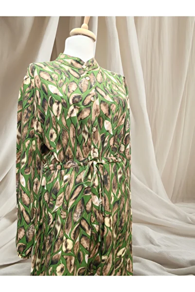 DENİZLİFE Women's Half Button Leaf Print Dress
