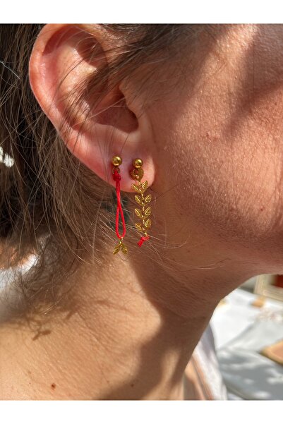 Yubi Başak Figür Paslanmaz Çelik Kırmızı İp Küpe