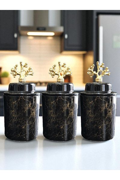 ferayhome Spice Jar Cylinder Ceramic Lid Large Size Set of 3 Coffee Corner Black Gold Marble 750 ml Gold