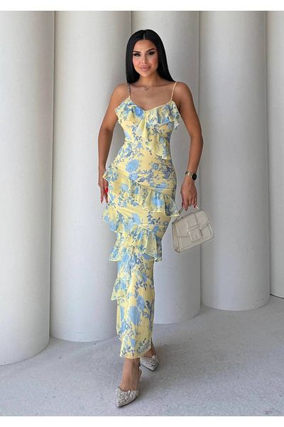 Bak'ap Premium Design Trend Kedd Ruffle Detail Maxi Floral Rose Print Chiffon Dress